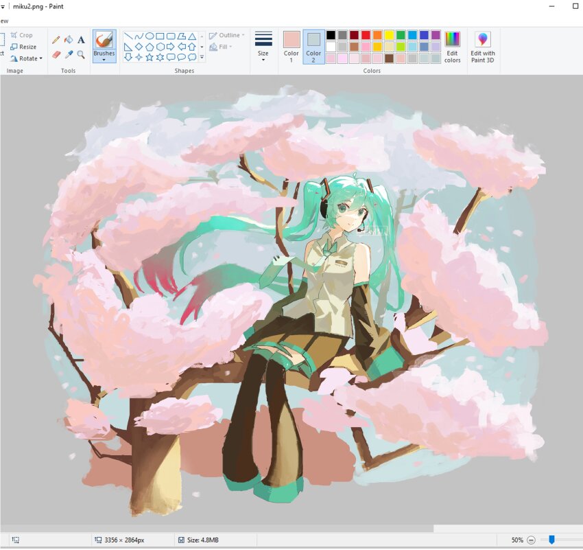 1girl absurdres art_program_in_frame black_skirt black_thighhighs blue_eyes blue_hair blue_necktie blue_trim cherry_blossoms collared_shirt colored_tips detached_sleeves falling_petals flxphlx full_body hair_ornament hatsune_miku headset highres leaning_back looking_at_viewer microsoft_paint_(medium) microsoft_paint_(software) multicolored_hair necktie on_tree painterly petals pigeon-toed screencap shirt sitting_on_branch skirt smile solo thighhighs twintails vocaloid white_shirt zettai_ryouiki