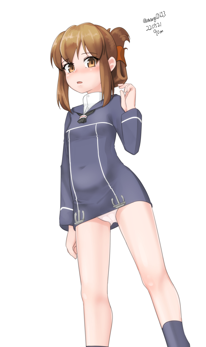 1girl absurdres black_neckerchief black_socks blue_dress blue_sailor_collar brown_eyes brown_hair cosplay dress feet_out_of_frame folded_ponytail highres inazuma_(kancolle) kantai_collection long_hair maru_(marg0613) neckerchief panties pantyshot sailor_collar sailor_dress short_dress simple_background socks solo standing underwear white_background white_panties z1_leberecht_maass_(kancolle) z1_leberecht_maass_(kancolle)_(cosplay)