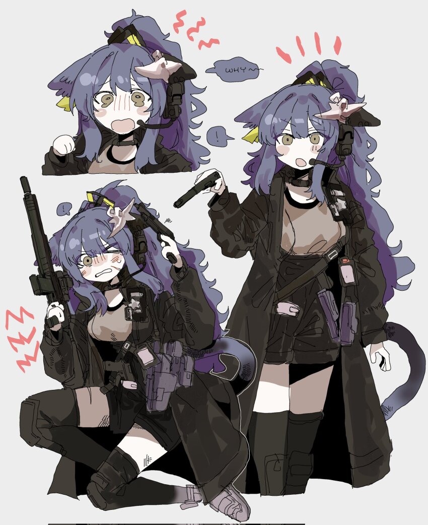 1girl animal_ear_fluff animal_ears arknights assault_rifle black_choker black_cloak black_shorts black_thighhighs blush boots cat_ears cat_girl cat_tail choker cloak cowboy_shot ears_down english_text facial_scar full_body green_eyes grey_boots grey_shirt gun hair_ornament hand_up handgun headset highres holding holding_gun holding_weapon jessica_(arknights) jessica_the_liberated_(arknights) kneeling long_hair microphone multiple_views odmised official_alternate_costume one_eye_closed open_mouth ponytail purple_hair rifle scar scar_on_cheek scar_on_face shirt shorts sidelocks sig_mcx sig_sauer solo standing sweatdrop tail thighhighs weapon zettai_ryouiki