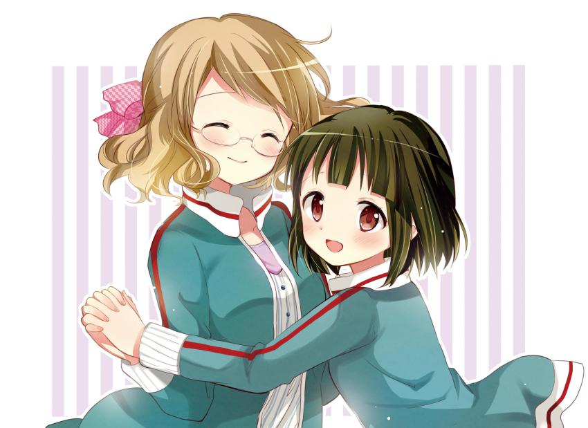 10s 2girls :&gt; :d ^_^ black_hair blush bob_cut brown_eyes brown_hair closed_eyes collarbone glasses hair_ribbon hara_yui highres holding_hands interlocked_fingers jacket karasuma_sakura kin-iro_mosaic long_sleeves matching_outfits multiple_girls official_art oomiya_shinobu open_clothes open_jacket open_mouth ribbon rimless_eyewear smile striped_background track_jacket vertical_stripes