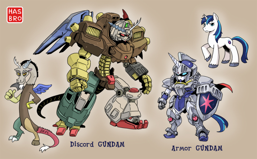 blue_eyes blue_hair clenched_hand colored_sclera company_name cutie_mark discord_(my_little_pony) dragon english_text gundam hand_on_own_hip male_focus mecha mechanization my_little_pony my_little_pony:_friendship_is_magic no_humans parody red_eyes robot shepherd0821 shield shining_armor unicorn yellow_sclera