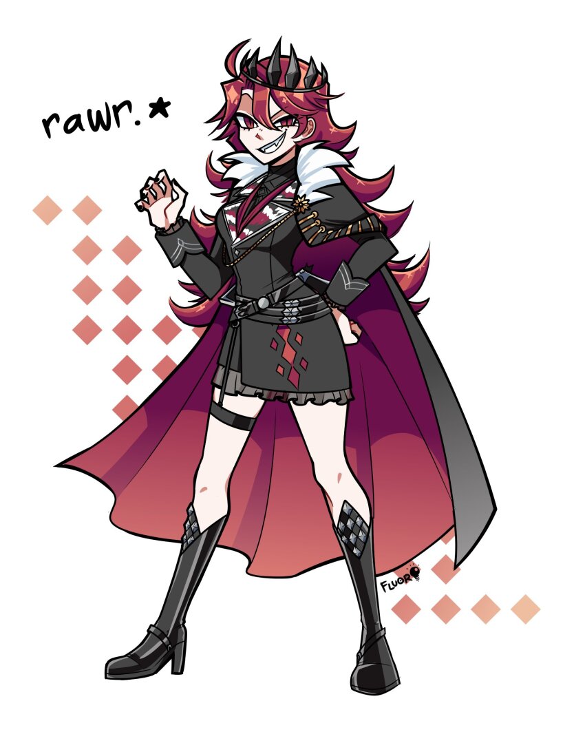 1girl artist_name belt black_boots black_jacket boots cape collared_jacket crown english_text fluorart frilled_skirt frilled_sleeves frills full_body fur-trimmed_jacket fur_trim gao genderswap genderswap_(mtf) hair_between_eyes hand_on_own_hip hand_up high_heels highres holostars holostars_english jacket jurard_t_rexford knee_boots long_hair looking_at_viewer multiple_belts raised_eyebrow red_eyes red_hair simple_background skirt slit_pupils smile solo thigh_strap virtual_youtuber white_fur