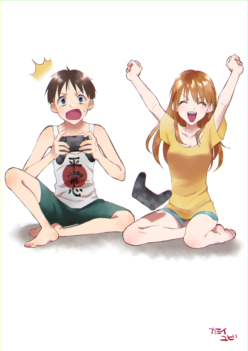1boy 1girl absurdres barefoot black_hair blue_eyes blush breasts brown_hair casual controller full_body hair_down hair_ornament happy highres ikari_shinji joystick long_hair medium_breasts neon_genesis_evangelion playing_games shadow shirt short_hair shorts sitting smile souryuu_asuka_langley surprised toes very_long_hair yellow_shirt yubi_kamii