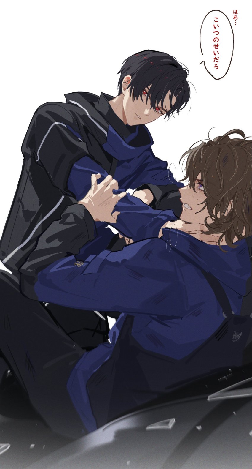 +_+ 2boys absurdres azuma_michinaga black_pants brown_hair desire_grand_prix_uniform doran_(doran7280) highres jacket kamen_rider kamen_rider_geats_(series) light male_focus multicolored_jacket multiple_boys pants purple_eyes red_eyes rivalry rivalry shadow shelf shirt short_hair sobbing strangling two-tone_jacket ukiyo_ace white_background