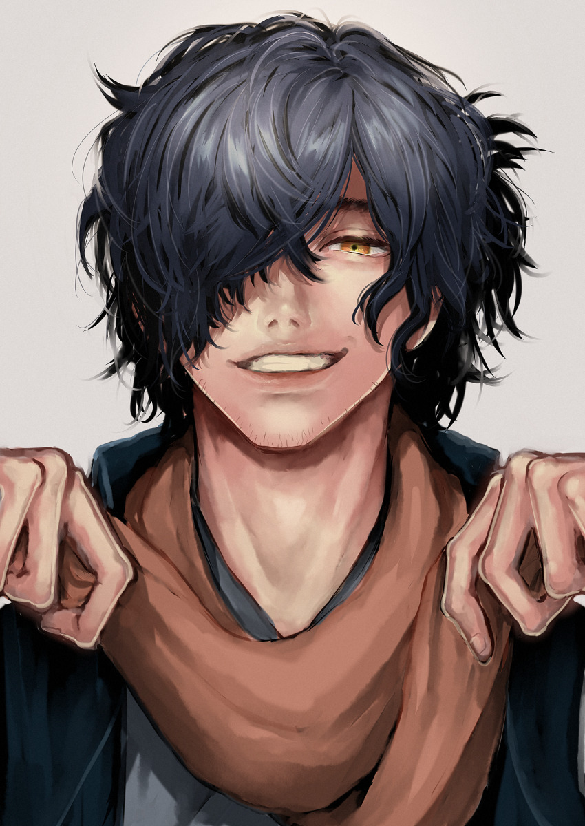 1boy black_hair black_haori commentary facial_hair fate/grand_order fate/type_redline fate_(series) goatee_stubble grey_background grey_kimono grin hair_over_one_eye hands_up haori highres japanese_clothes kimono koha-ace looking_at_viewer male_focus okada_izou_(fate) one_eye_covered orange_scarf scarf short_hair simple_background smile solo stubble symbol-only_commentary teeth upper_body yellow_eyes yuta_arata