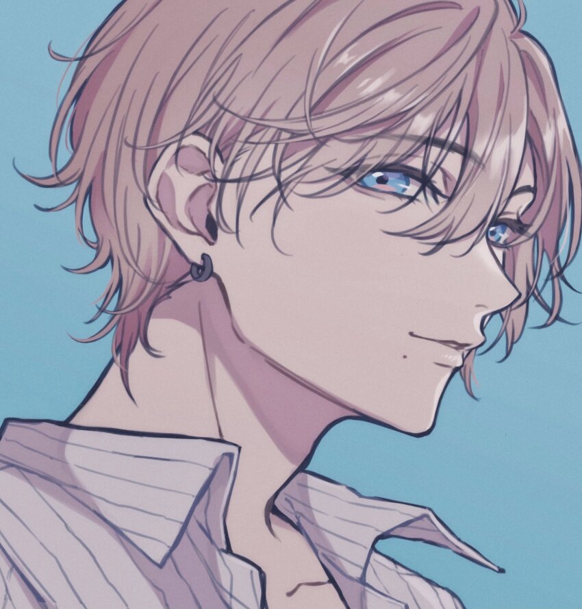 1boy aqua_background blonde_hair blue_eyes collarbone collared_shirt commentary_request earrings from_side hair_between_eyes highres jewelry looking_at_viewer male_focus mole mole_under_mouth moxamog original parted_lips shirt short_hair simple_background solo striped_clothes striped_shirt white_shirt