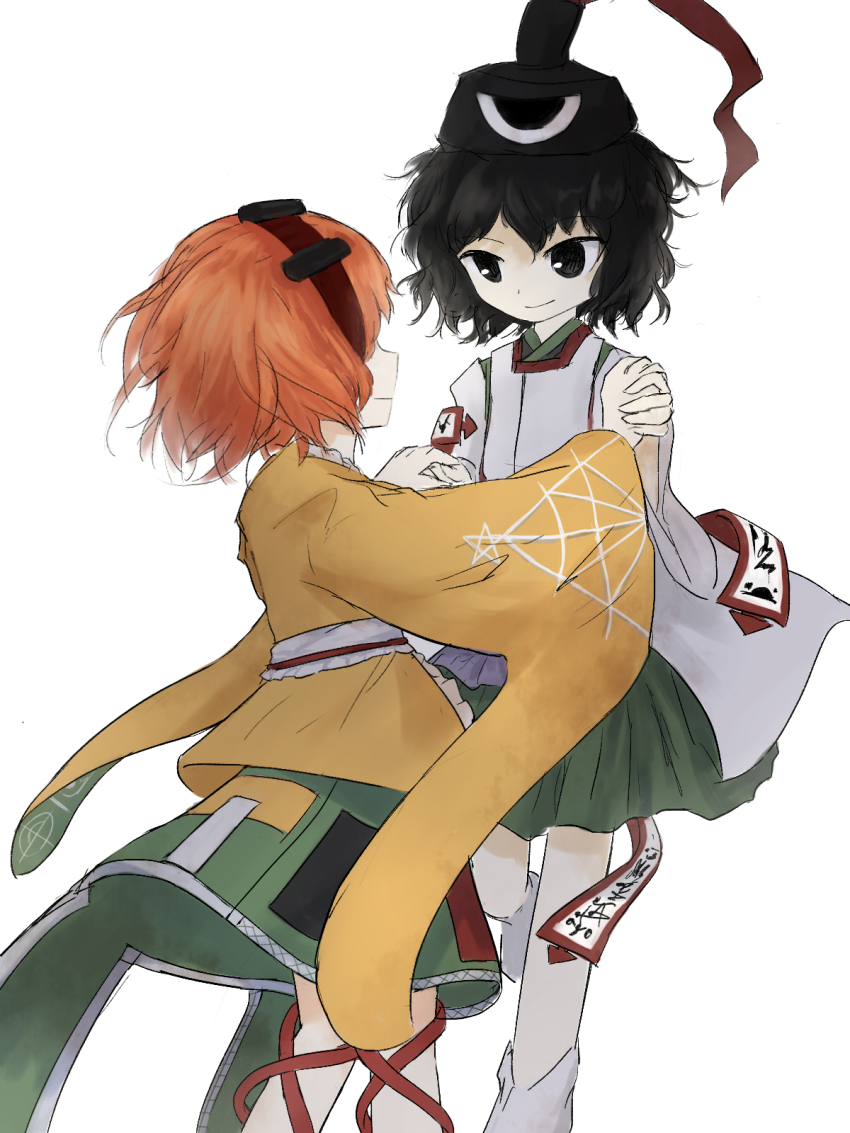 2others bare_legs black_eyes black_hat black_kimono commentary_request dancing detached_sleeves eye_of_senri face-to-face feet_out_of_frame frilled_jacket frills from_behind green_hakama hair_rollers hairband hakama hakama_short_skirt hakama_skirt happy hat hat_ribbon highres holding_hands interlocked_fingers jacket japanese_clothes jinbei_(clothes) kariginu kimono kuroda_(kurota_ne) layered_sleeves leg_ribbon leg_up len&#039;en long_sleeves looking_at_another multiple_others ofuda ofuda_on_clothes orange_hair orange_jacket other_with_other red_hairband red_ribbon ribbon senri_tsurubami short_kimono simple_background skirt socks star_(symbol) star_print tate_eboshi white_background white_sleeves white_socks wide_sleeves zuifeng_tenkai