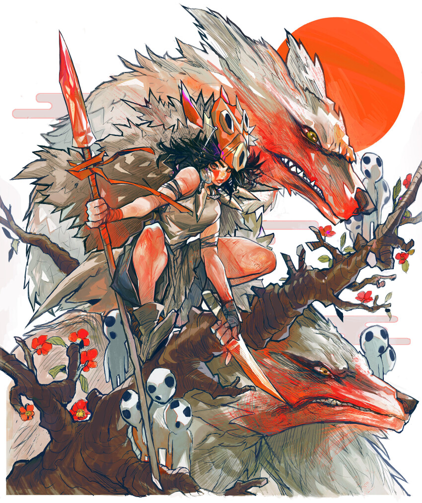 1girl absurdres andres_blanco animal arm_strap bandaged_wrist bandages bare_arms black_hair blood_on_body blue_dress cape commentary dress earrings english_commentary facepaint facial_mark flower full_body fur_cape highres holding holding_knife holding_polearm holding_weapon jewelry knife kodama looking_at_viewer mask mononoke_hime moro_no_ichizoku necklace pelt polearm red_flower red_sun san_(mononoke_hime) sharp_teeth sitting_on_branch solo spear squatting tank_top teeth tooth_necklace weapon white_background white_tank_top white_wolf wolf