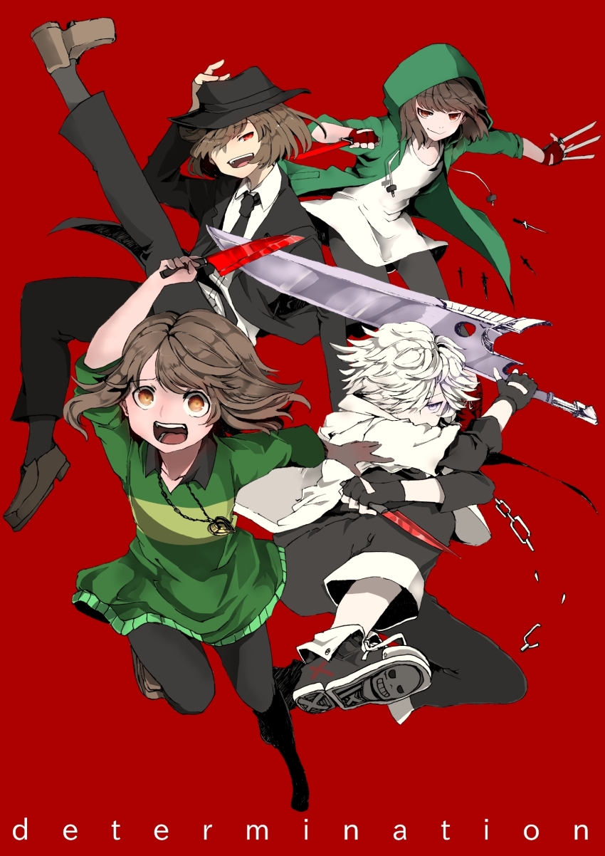 1boy 3others :d adjusting_clothes adjusting_headwear arm_up asymmetrical_dual_wielding bad_id bad_pixiv_id between_fingers black_hat black_jacket black_necktie black_pants black_shirt black_shoes brown_eyes brown_hair brown_shoes chain chain_necklace chara_(undertale) closed_mouth collarbone collared_shirt commentary covered_mouth drawstring dual_wielding english_commentary english_text fingerless_gloves full_body glove_cutout gloves gold_necklace green_jacket green_sweater hair_over_one_eye hand_in_pocket hat heart heart_necklace highres holding holding_knife hood hood_down hood_up hooded_jacket jacket jewelry jitome knife layered_sleeves leg_up loafers long_shirt long_sleeves mafiatale medium_hair multiple_others multiple_persona necklace necktie one_eye_covered open_clothes open_jacket open_mouth pale_skin pants purple_eyes red_background red_eyes red_gloves reverse_grip sans_(undertale) shirt shoelaces shoes short-sleeved_jacket short_hair short_over_long_sleeves short_sleeves simple_background smile standing standing_on_one_leg storyshift striped_clothes striped_sweater sweater teeth three-quarter_sleeves tongue two-tone_sweater undertale upper_teeth_only v-neck white_hair white_jacket white_shirt xtale yellow_sweater yokogon