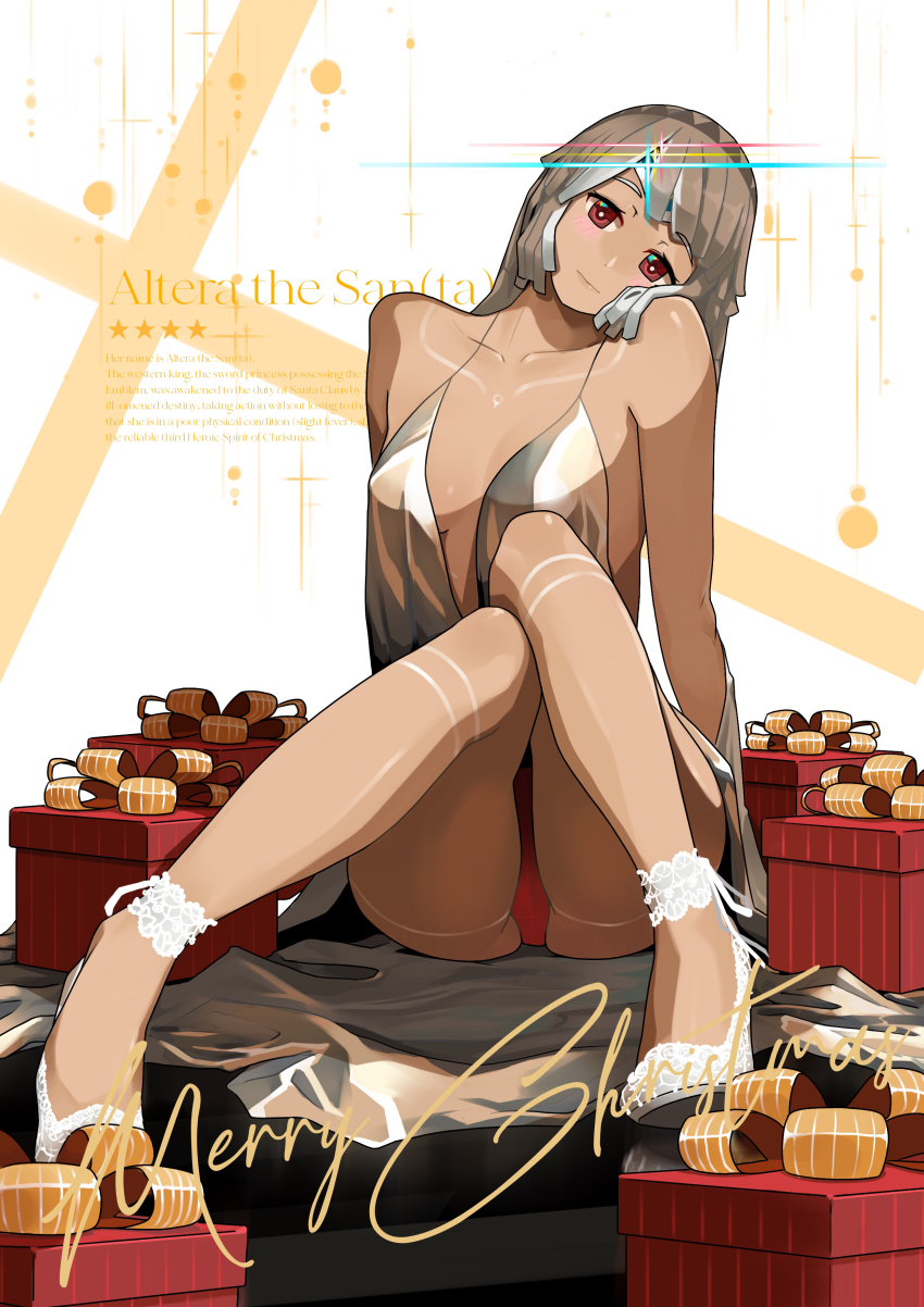 1girl absurdres altera_(fate) altera_the_santa_(fate) blunt_ends blush body_markings box christmas dark-skinned_female dark_skin dress fate/grand_order fate_(series) foreshortening gift gift_box hair_over_shoulder head_on_own_shoulder head_tilt high_heels highres knees_together_feet_apart knees_up legs merry_christmas monkey_jon no_bra panties pantyshot red_eyes red_panties sitting solo thighs underwear white_dress white_hair