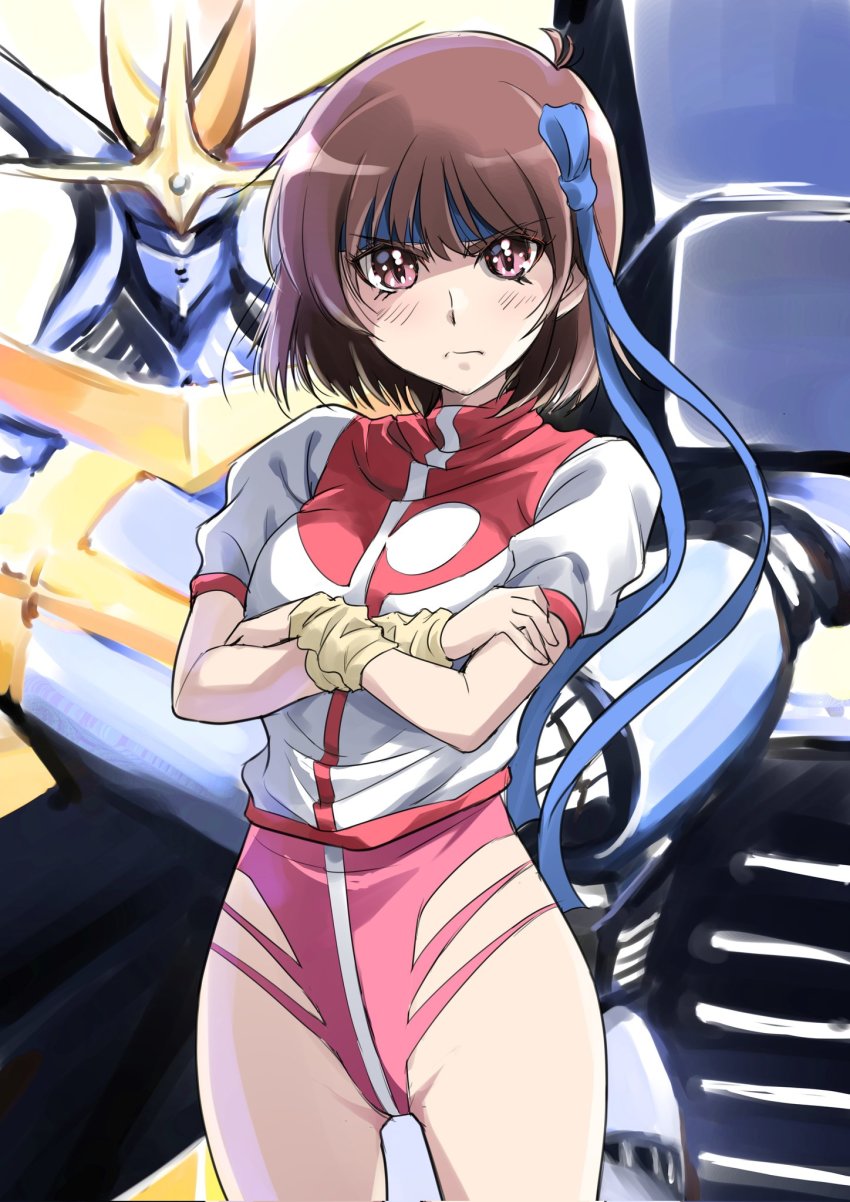 1980s_(style) 1girl blue_headband breasts brown_eyes brown_hair cowboy_shot crossed_arms gunbuster headband highres leotard looking_at_viewer mecha medium_breasts oldschool pink_leotard retro_artstyle robot shiruco short_hair takaya_noriko top_wo_nerae! top_wo_nerae!_(series) wristband