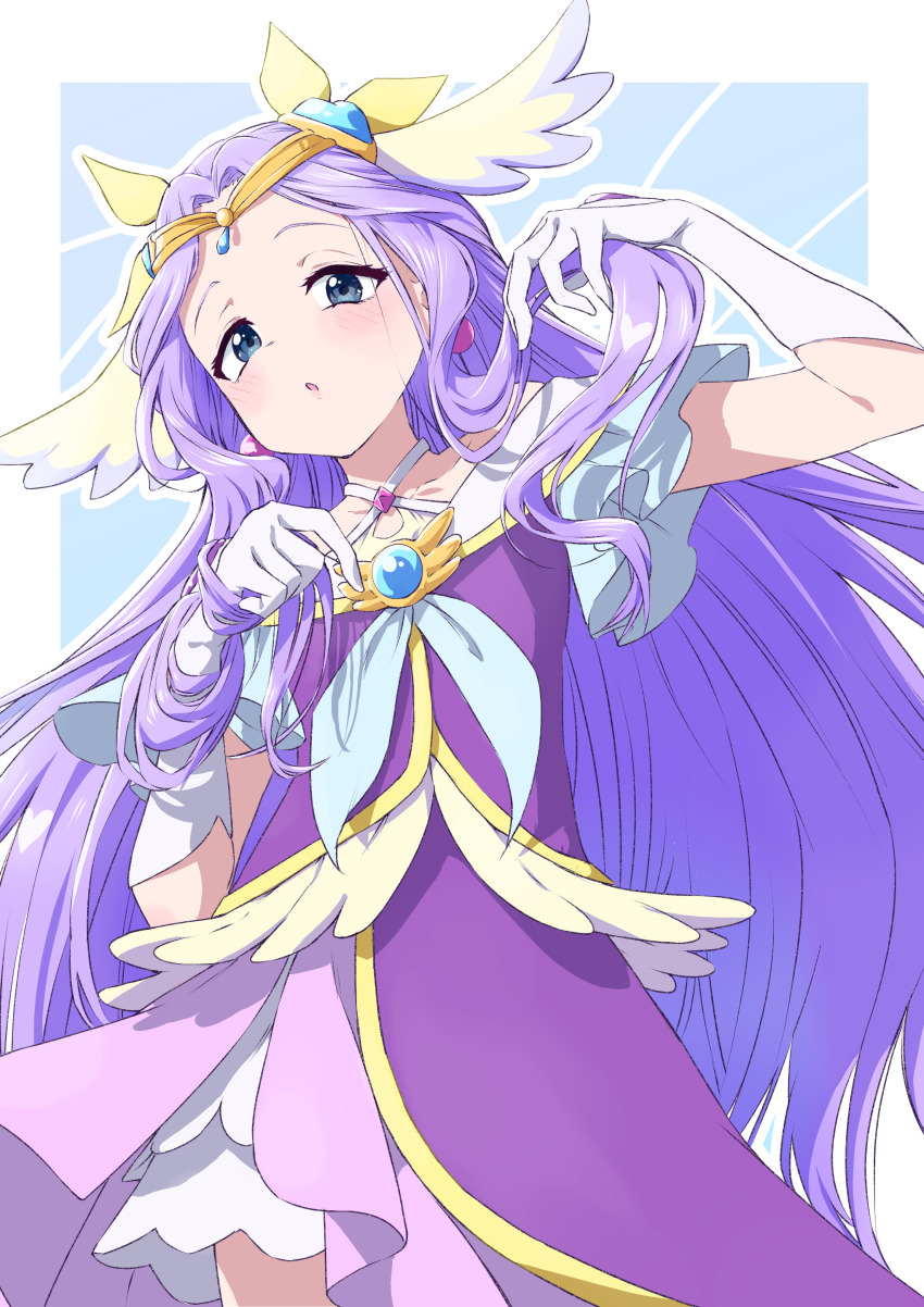 1girl :o absurdres blue_eyes brooch commentary cowboy_shot cure_earth dress earrings frilled_sleeves frills fuurin_asumi gloves hair_ornament hair_ribbon half-closed_eyes hands_in_hair healin&#039;_good_precure highres jewelry keijirou_(mukunozaltusou) long_hair looking_at_viewer magical_girl medium_dress open_mouth precure purple_dress purple_hair ribbon short_sleeves solo standing tiara very_long_hair white_gloves wing_hair_ornament yellow_ribbon