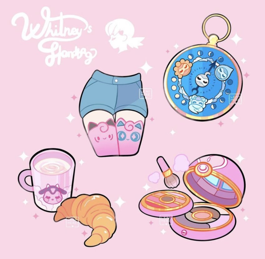 animal_ear_legwear artist_name brush castform castform_(normal) castform_(rainy) castform_(snowy) castform_(sunny) character_name clefairy commentary croissant cup food gen_1_pokemon gen_2_pokemon gen_3_pokemon jigglypuff leaphere liquid miltank mug nintendo pink_background pink_legwear poke_ball_theme pokemon pokemon_(creature) pokemon_hgss shorts simple_background sparkle thighhighs watermark whitney_(pokemon)