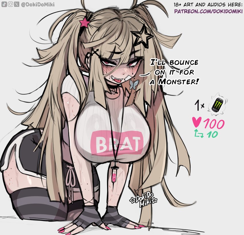 1girl absurdres artist_name bite_mark bite_mark_on_arm bite_mark_on_leg bite_mark_on_thigh black_choker black_gloves black_shorts black_thighhighs blonde_hair blush body_freckles breasts butterfly_earrings can choker clothes_writing commentary dokidomiki dolphin_shorts drink_can earrings english_commentary english_text fingerless_gloves fingernails gauze gauze_on_cheek gauze_on_face gloves hair_between_eyes hair_ornament highres instagram_logo jewelry large_breasts leaning_forward long_hair looking_at_viewer makeup mascara messy_hair miki_(dokidomiki) mole mole_under_mouth monster_energy nail_polish necklace open_mouth original patreon_username pink_eyes pink_nails runny_makeup sanpaku shirt short_shorts short_sleeves shorts simple_background skindentation smile solo star_(symbol) star_hair_ornament striped_clothes striped_gloves striped_thighhighs sweat syringe syringe_necklace t-shirt talking teeth thigh_freckles thighhighs tiktok_logo tongue tongue_out twitter_strip_game twitter_username twitter_x_logo two_side_up uneven_bangs upper_teeth_only white_background white_shirt