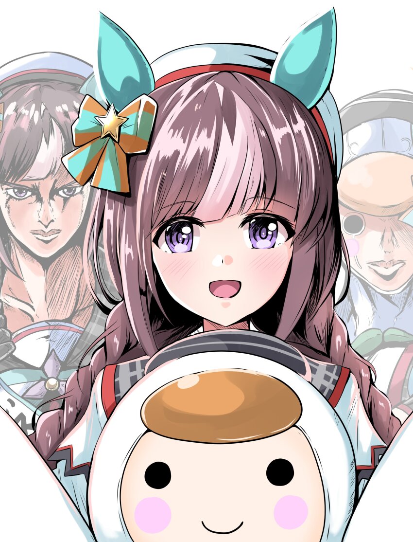 1girl 1other absurdres animal_ears beret black_hair blush blush_stickers braid brown_hair commentary_request ear_covers hair_ornament hat highres hokko_tarumae_(umamusume) horse_ears horse_girl jojo_no_kimyou_na_bouken kentan_(kingtaiki) long_hair looking_at_viewer mascot open_mouth parody portrait purple_eyes sailor_hat smile style_parody tomachop twin_braids umamusume white_background