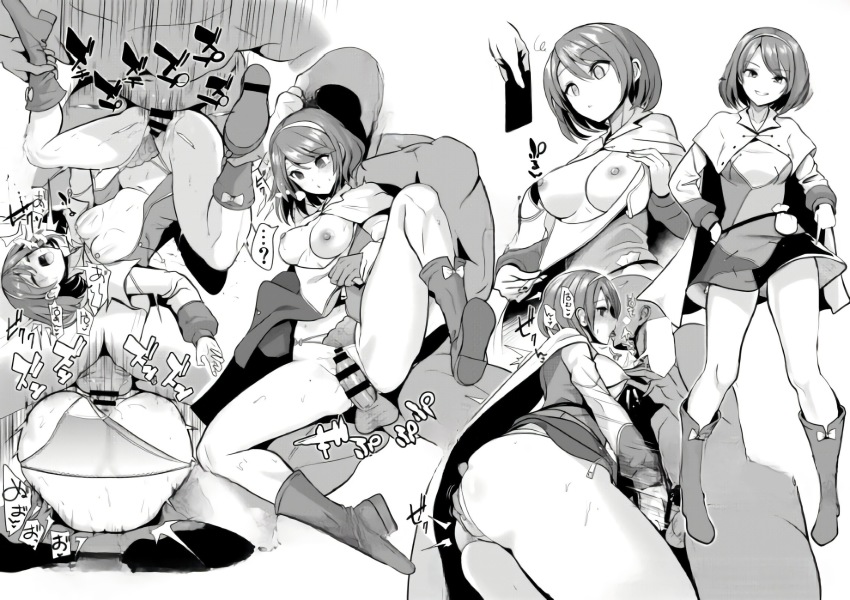 amisu belt_pouch black_hair breasts breasts_out brown_hair dress grabbing greyscale groping haitokukan highres hypnosis mating_press mind_control monochrome multiple_views netorare nipple_pull nipple_stimulation nipple_tweak non-web_source patchwork_clothes piledriver_(sex) pouch self_exposure short_hair simple_background skirt sweat tenkyuu_chimata touhou vaginal white_background