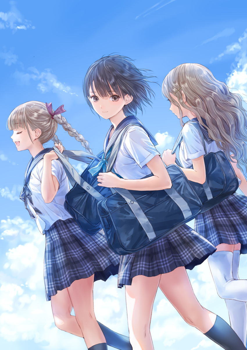 3girls absurdres bag black_eyes black_hair blouse blue_reflection_(series) blue_reflection_maboroshi_ni_mau_shoujo_no_ken blue_sky braid closed_eyes cloud day from_side hair_ornament hair_ribbon hairclip highres hoshinomiya_girls&#039;_high_school_uniform kishida_mel kneehighs light_brown_hair long_hair looking_at_viewer miniskirt multiple_girls neck_ribbon open_mouth outdoors plaid_clothes plaid_skirt pleated_skirt ribbon sailor_collar school_bag school_uniform serafuku shijou_raimu shijou_yuzuki shirai_hinako shirt short_hair short_sleeves skirt sky socks thighhighs twin_braids twintails wavy_hair white_shirt zettai_ryouiki