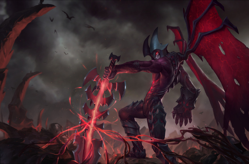 aatrox abs absurdres armor battlefield christian_fell colored_skin darkin_(league_of_legends) death feet_out_of_frame fighting_stance from_side glowing glowing_eyes glowing_skin hemokinesis highres league_of_legends male_focus mountain official_art overcast red_skin sky standing toned toned_male veins wide_shot wings