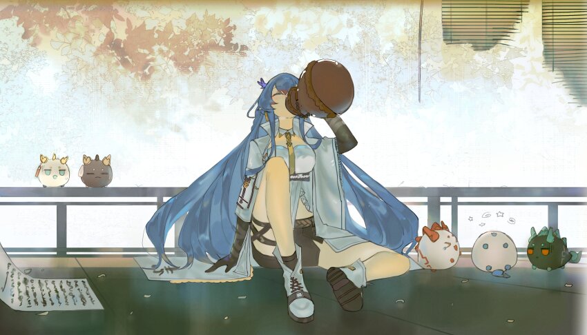&gt;_&lt; 1girl absurdres arknights blue_hair character_request chongyue_(arknights) closed_eyes coat dragon_girl dragon_horns dragon_tail drinking dusk_(arknights) earrings gourd highres holding holding_gourd horns jewelry ling_(arknights) long_hair long_sleeves necktie nian_(arknights) open_clothes open_coat pointy_ears shirt short_shorts shorts sitting strapless strapless_shirt tail very_long_hair yuishironeko