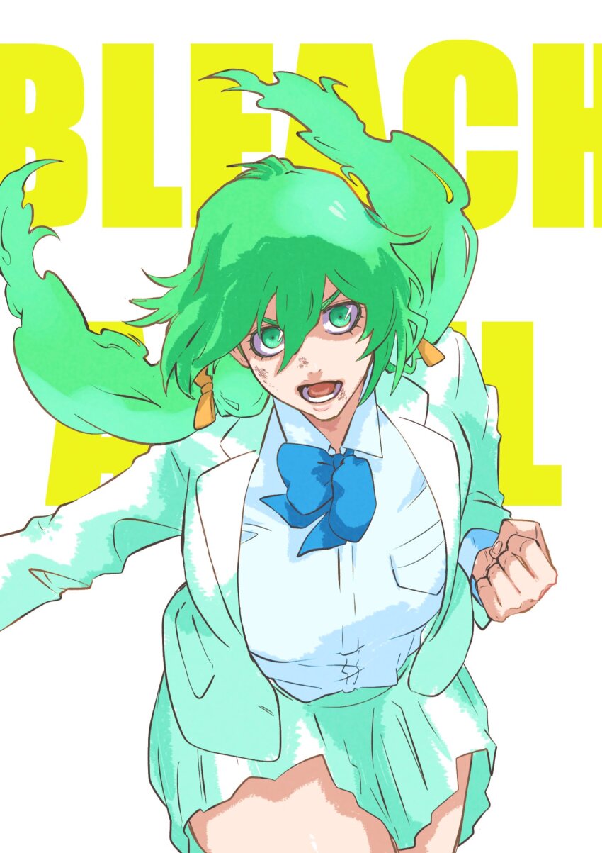 1girl alternate_eye_color arrancar bleach blue_bow bow breasts clenched_hand english_text female_focus green_eyes green_hair highres large_breasts long_hair looking_at_viewer mitu_hide43 nelliel_tu_odelschwanck open_mouth school_uniform simple_background skirt teeth thighs twintails white_background