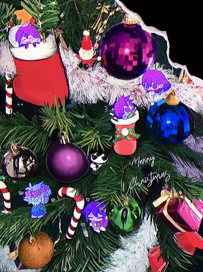 &gt;_&lt; 2girls 5boys :o absurdres alternate_costume aubrey_(headspace)_(omori) aubrey_(omori) barefoot basil_(headspace)_(omori) basil_(omori) black_eyes black_hair blue_overalls blush bow bright_pupils candy candy_cane chibi chibi_only christmas christmas_ornaments christmas_sweater christmas_tree closed_eyes colored_skin flower food green_eyes green_hair hair_bow hero_(headspace)_(omori) hero_(omori) highres holding holding_stuffed_toy kel_(headspace)_(omori) kel_(omori) long_hair mari_(headspace)_(omori) mari_(omori) multiple_boys multiple_girls omori omori_(omori) open_mouth overalls pink_bow purple_eyes purple_hair short_hair smile something_(omori) stranger_(omori) stuffed_eggplant stuffed_toy tate_ware_anal white_pupils white_skin