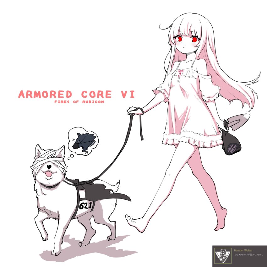 1girl 621_(armored_core_vi) absurdres armored_core armored_core_vi:_fires_of_rubicon ayre_(armored_core_vi) barefoot child dog dress english_text female_focus full_body handler_walter_(armored_core_6) highres leash long_hair personification red_eyes spade standing white_dress white_hair