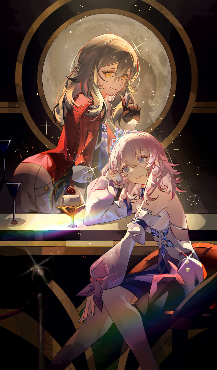 2girls absurdres bar_(place) bare_shoulders bartender bing_xiang_su_dong_niu_ruu_wan black_gloves blue_eyes blue_necktie cocktail dress gloves grey_hair grey_pants hair_between_eyes highres honkai:_star_rail honkai_(series) jacket long_hair long_sleeves looking_at_viewer march_7th_(honkai:_star_rail) multiple_girls necktie pants pink_hair puffy_long_sleeves puffy_sleeves purple_dress red_jacket sitting smile stelle_(honkai:_star_rail) strapless strapless_dress trailblazer_(honkai:_star_rail) white_dress yellow_eyes