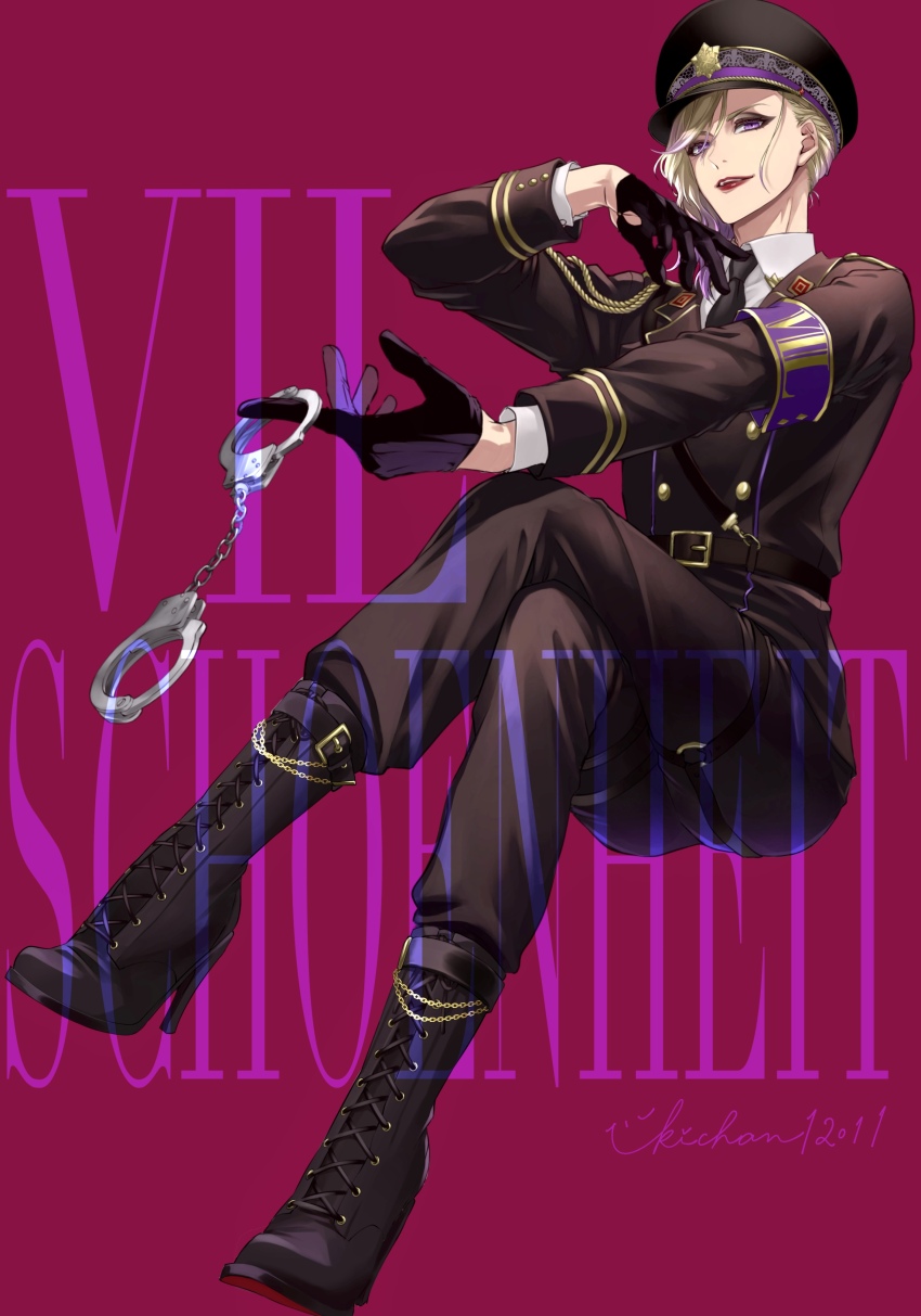 1boy absurdres aiguillette black_gloves blonde_hair boots character_name crossed_legs cuffs gloves gradient_hair handcuffs hat highres holding holding_handcuffs invisible_chair looking_at_viewer male_focus multicolored_hair peaked_cap pink_background purple_eyes purple_hair short_hair simple_background sitting solo twisted_wonderland ukichan12011 vil_schoenheit