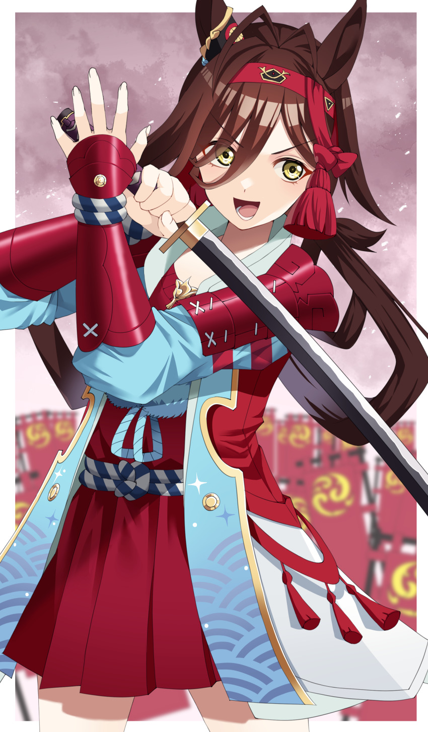 1girl absurdres animal_ears antenna_hair armor blurry blurry_background border brown_hair collarbone commentary_request full_body hair_between_eyes hair_ornament headband highres holding holding_sword holding_weapon horse_ears horse_girl japanese_armor jinbaori long_hair looking_at_viewer miniskirt no_reason_(umamusume) open_mouth outside_border pleated_skirt red_skirt shoes skirt smile solo sword tassel tassel_hair_ornament tawashi_hechima umamusume v-shaped_eyebrows weapon white_border yellow_eyes