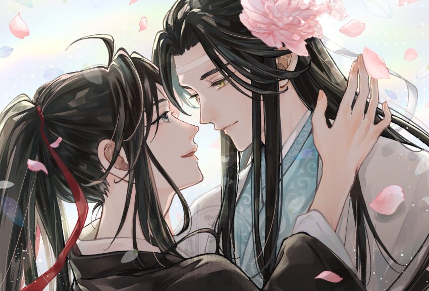 2boys ahoge bishounen black_hair black_hanfu chinese_clothes closed_mouth couple eye_contact eyelashes face-to-face falling_petals flower grey_eyes hair_flower hair_ornament hair_ribbon hand_on_another&#039;s_shoulder hanfu headband high_ponytail highres lan_wangji light_particles long_hair long_sleeves looking_at_another male_focus modao_zushi multiple_boys open_mouth petals pink_flower pink_petals ponytail profile red_ribbon ribbon sidelocks smile upper_body w2biiro watermark wei_wuxian white_hanfu white_headband wide_sleeves yaoi yellow_eyes