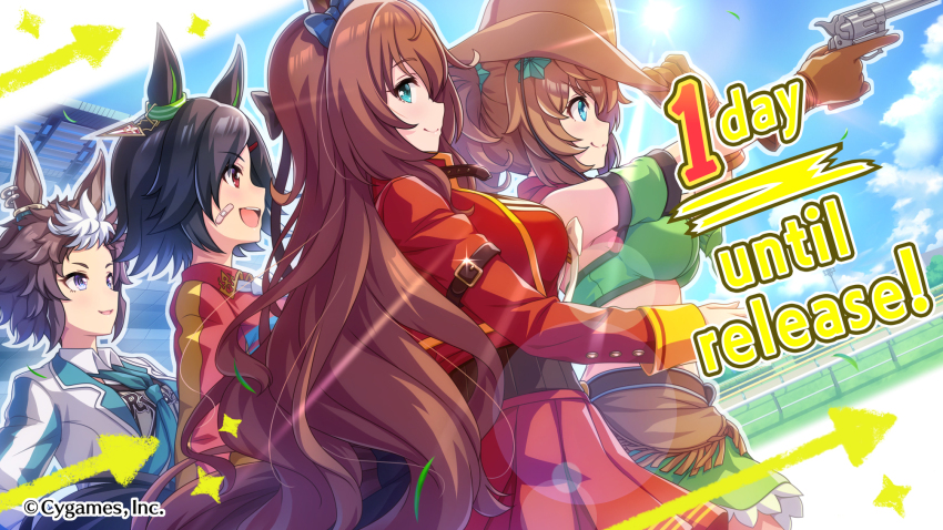 4girls animal_ears arm_belt arrow_(symbol) bandaid bandaid_on_face bare_shoulders belt blue_bow blue_eyes blue_sky bow breasts brown_gloves closed_mouth commentary company_name copyright_notice cowboy cowboy_hat crowd cygames dress ear_bow ear_ornament english_commentary english_text floating_clothes from_side gloves grass gun hair_bow hair_ribbon handgun hat highres holding holding_gun holding_weapon horse_ears horse_girl horse_racing_track horse_tail large_breasts leaf long_hair long_sleeves looking_at_another looking_at_viewer maruzensky_(umamusume) medium_hair mejiro_ryan_(umamusume) midriff multicolored_hair multiple_girls necktie official_art open_mouth red_dress red_eyes revolver ribbon second-party_source short_hair skirt sky sleeveless sparkle standing star_(symbol) sun sunlight taiki_shuttle_(umamusume) tail teeth umamusume upper_body upper_teeth_only weapon western white_hair winning_ticket_(umamusume)