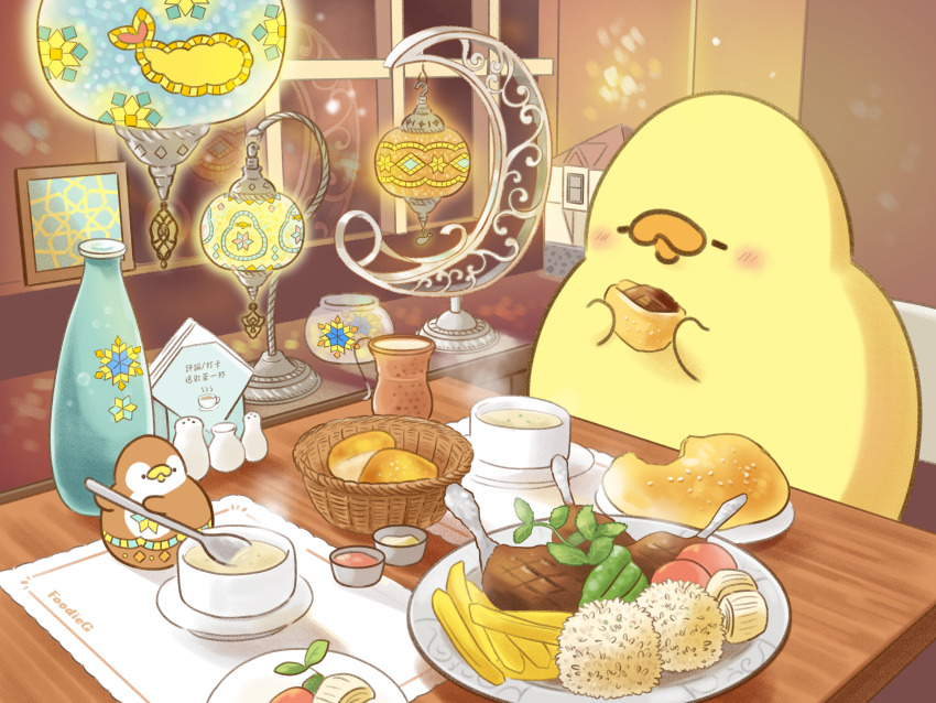 absurdres animal_focus artist_name basket bird blush bread chick closed_eyes commentary_request cooking cup eurasian_tree_sparrow food food_focus foodieg french_fries highres holding holding_spoon indoors lamp napkin no_humans original parsley plate rice shadow shrimp shrimp_tempura slice_of_life soup sparrow spoon steak steam table tempura window
