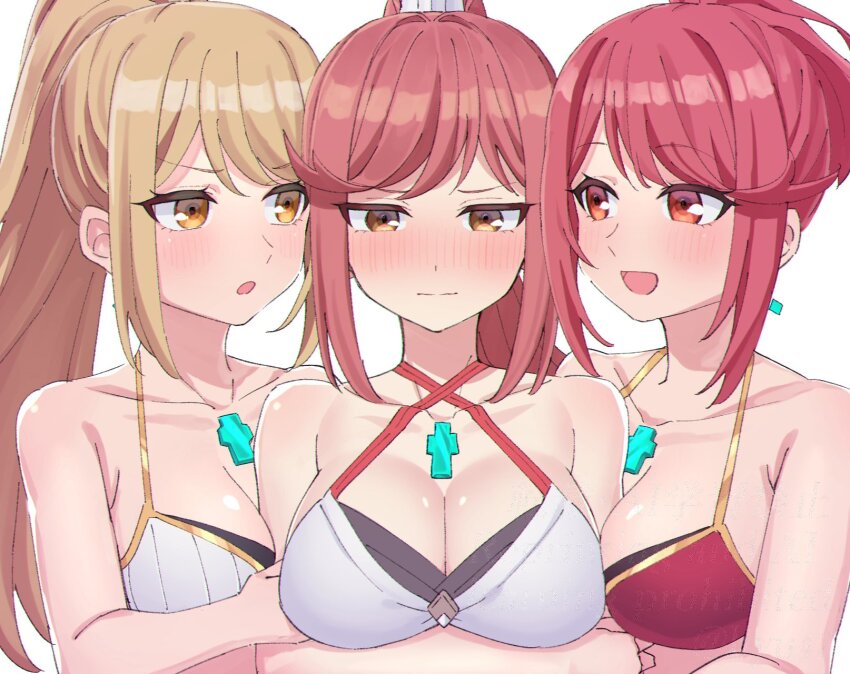 3girls alternate_hairstyle blonde_hair blush breasts closed_mouth collarbone commentary core_crystal_(xenoblade) glimmer_(xenoblade) halterneck high_ponytail highres large_breasts multiple_girls mythra_(xenoblade) open_mouth ponytail pyra_(xenoblade) red_hair shinae symbol-only_commentary upper_body xenoblade_chronicles_(series) xenoblade_chronicles_2 xenoblade_chronicles_3 xenoblade_chronicles_3:_future_redeemed yellow_eyes