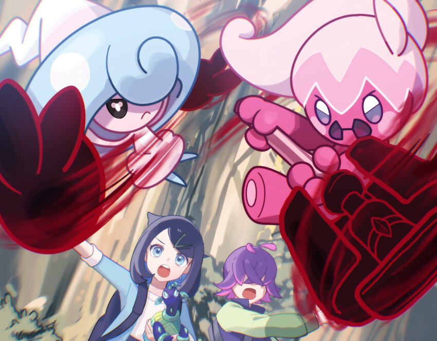2girls attack black_hair blue_eyes colored_skin cowlick dot_(pokemon) eyelashes gen_8_pokemon hair_ornament hair_over_eyes hairclip hammer hat hattrem highres holding holding_hammer holding_pokemon jacket liko_(pokemon) long_hair long_sleeves looking_at_viewer multicolored_hair multiple_girls nintendo omoi_moyora_nai open_clothes open_mouth pink_hair pink_skin pokemon pokemon_(anime) pokemon_(creature) pokemon_horizons ponytail purple_eyes purple_hair shirt short_hair terapagos terapagos_(normal) tinkatuff white_shirt