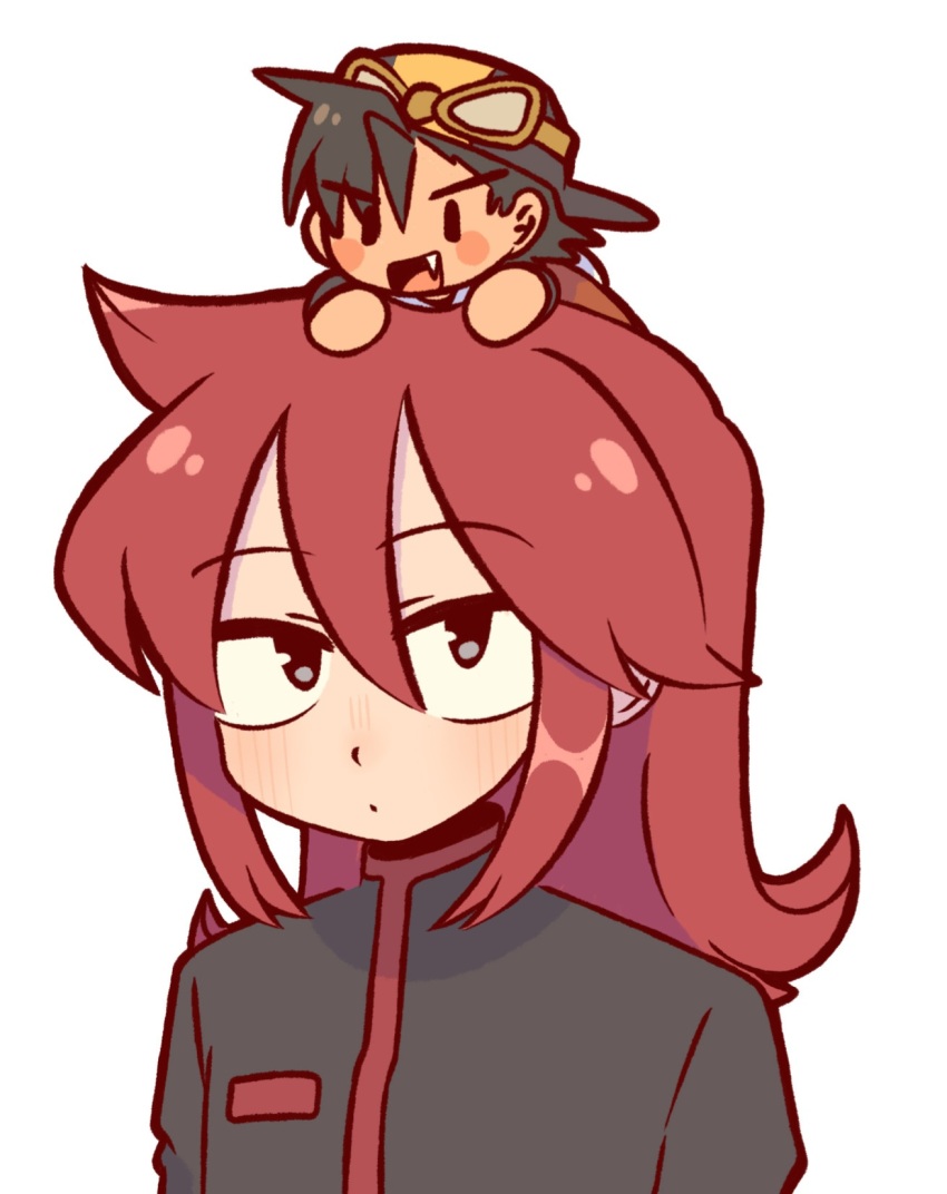 2boys backwards_hat baseball_cap black_hair blush closed_mouth ethan_(pokemon) fang grey_eyes hat highres long_hair long_sleeves male_focus mini_person miniboy multiple_boys nintendo open_mouth pokemon pokemon_adventures red_hair silver_(pokemon) simple_background smile sofo_soup upper_body white_background