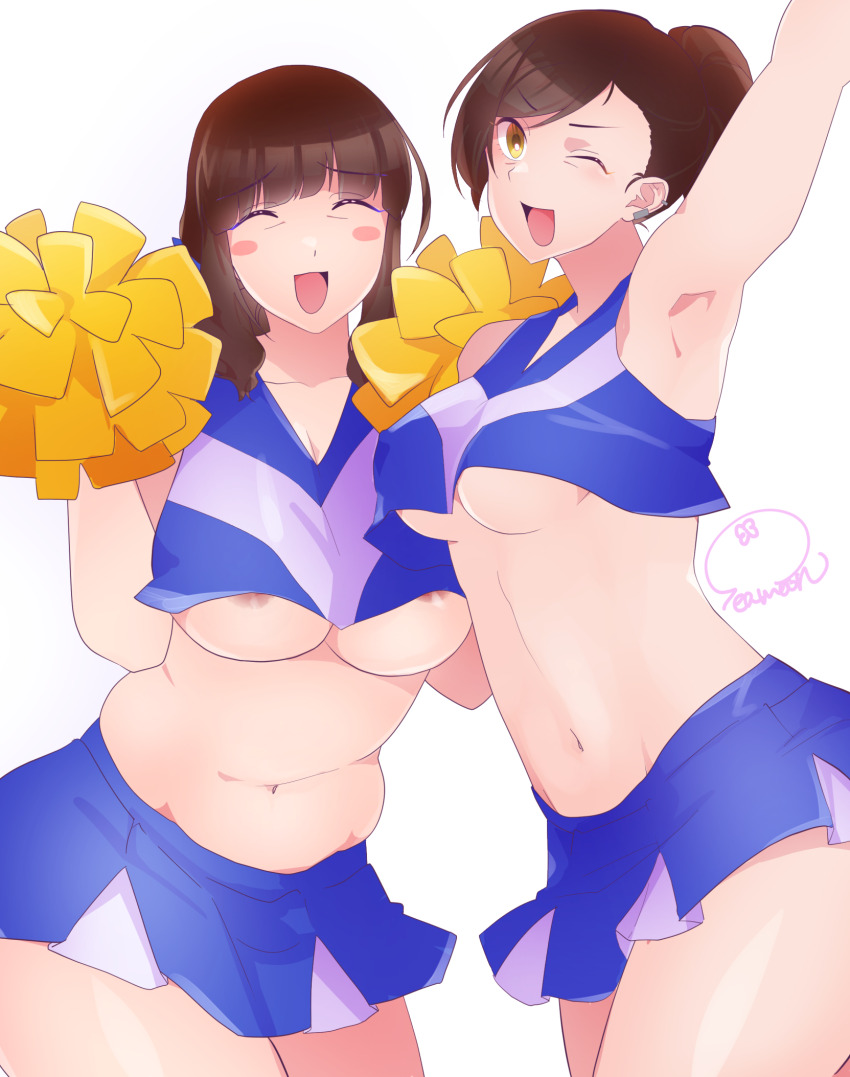 2girls armpits bachira_yu blue_lock blue_shirt blush breasts brown_hair cheerleader cheerleader_blue closed_eyes crop_top hands_up highres isagi_iyo large_breasts long_hair looking_at_viewer miniskirt multiple_girls navel nipples one_eye_closed open_mouth pom_pom_(cheerleading) ponytail seamo_n shirt simple_background skirt smile thighs white_background yellow_eyes