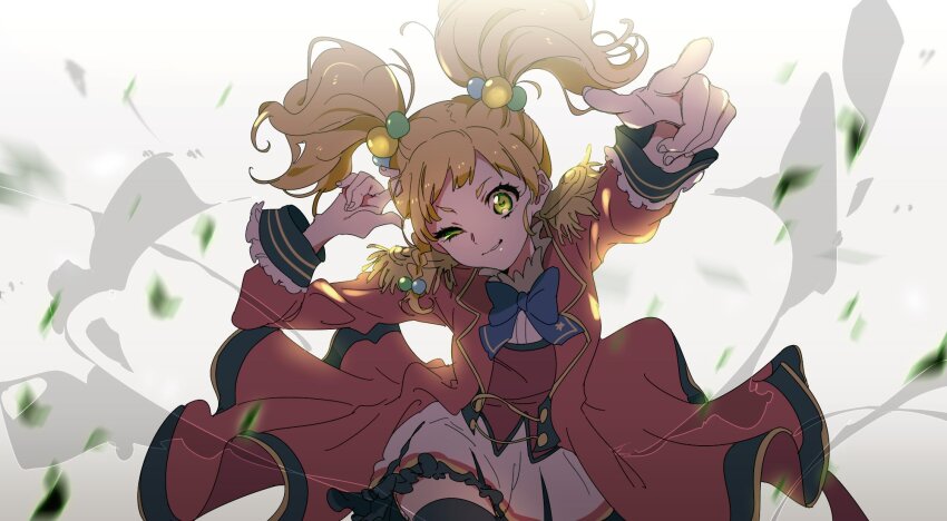 1girl aikatsu!_(series) aikatsu_stars! arm_up bad_id bad_twitter_id blonde_hair blue_bow blue_bowtie bow bowtie braid epaulettes green_eyes hair_bobbles hair_ornament half-closed_eye hand_up highres jacket long_hair long_sleeves looking_at_viewer nikaido_yuzu outstretched_arm pleated_skirt pointing pointing_at_viewer red_jacket s4_uniform shiontaso side_braid skirt smile solo standing twintails white_skirt wind