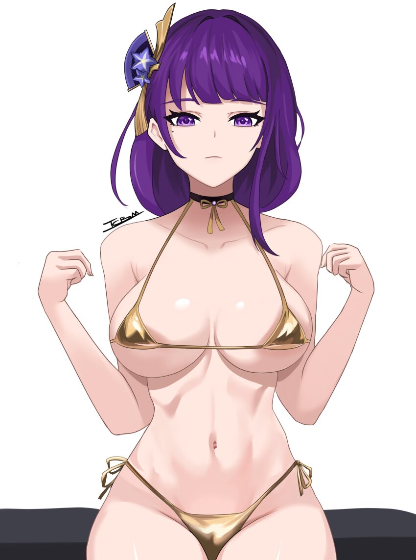 1girl absurdres bikini black_choker blunt_bangs breasts choker closed_mouth collarbone expressionless genshin_impact gold_bikini hair_ornament hands_up highres icbm100 large_breasts looking_at_viewer micro_bikini mole mole_under_eye navel purple_eyes purple_hair raiden_shogun side-tie_bikini_bottom signature sitting solo stomach swimsuit tassel tassel_hair_ornament white_background