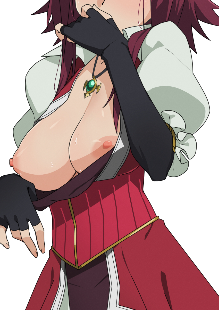 1girl black_gloves breasts commentary_request dress elbow_gloves eyes_out_of_frame facing_viewer fingerless_gloves gloves head_out_of_frame highres izayoi_aki jewelry large_breasts long_hair morisobo necklace nipples puffy_short_sleeves puffy_sleeves red_dress red_hair short_hair_with_long_locks short_sleeves simple_background solo spiked_hair standing white_background yu-gi-oh! yu-gi-oh!_5d&#039;s