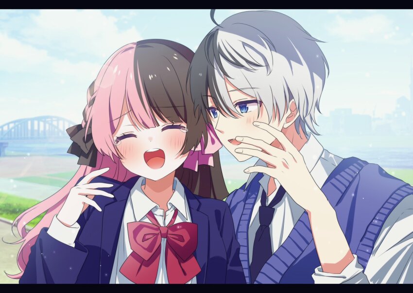 1boy 1girl black_border black_hair black_ribbon blazer blue_jacket blue_necktie blue_sky blue_sweater blue_sweater_vest border braid brown_hair closed_eyes collared_shirt hair_ribbon highres indie_virtual_youtuber iris_black_games jacket kamito_(vtuber) laughing long_hair looking_at_another multicolored_hair neck_ribbon necktie open_clothes open_jacket panties pink_hair pink_panties pome_charo red_ribbon ribbon school_uniform shirt short_hair sky sweater sweater_vest tachibana_hinano tearing_up two-tone_hair underwear virtual_youtuber vspo! white_hair white_shirt