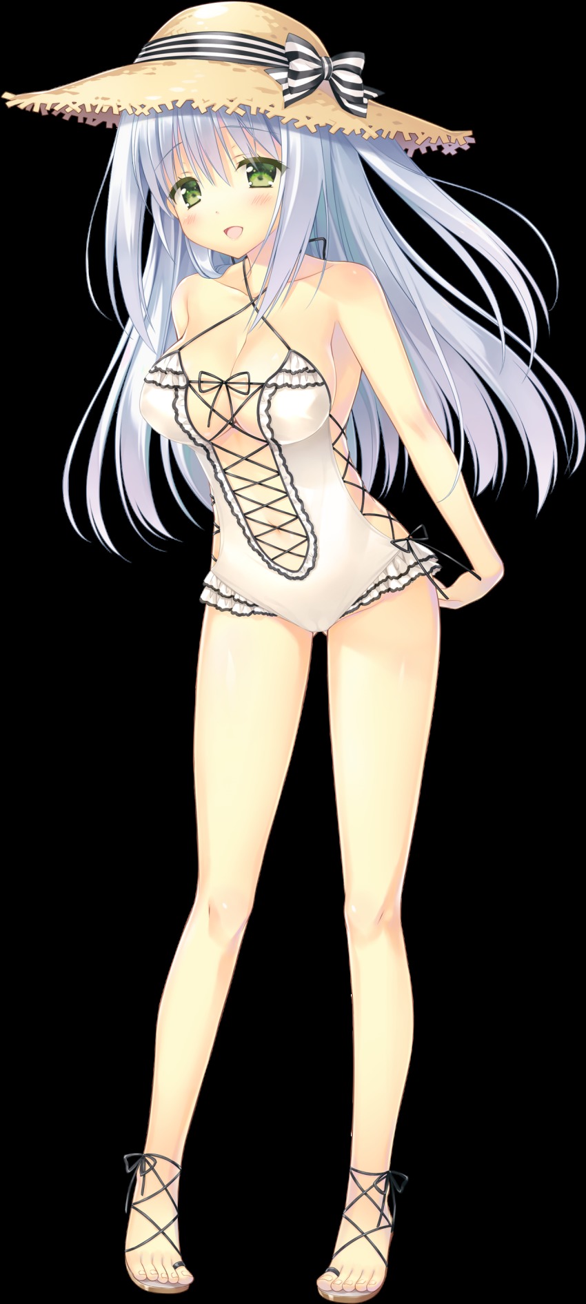 1girl absurdres arms_behind_head ashishun blue_hair blush breasts closed_eyes cross-laced_clothes feet female_focus frilled_swimsuit frills full_body gluteal_fold green_eyes halterneck hat highres kasukabe_kanon large_breasts light_blue_hair long_hair official_art one-piece_swimsuit open_mouth ouchi_ni_kaeru_made_ga_mashimaro_desu sandals solo standing straw_hat sun_hat swimsuit toes transparent_background white_one-piece_swimsuit