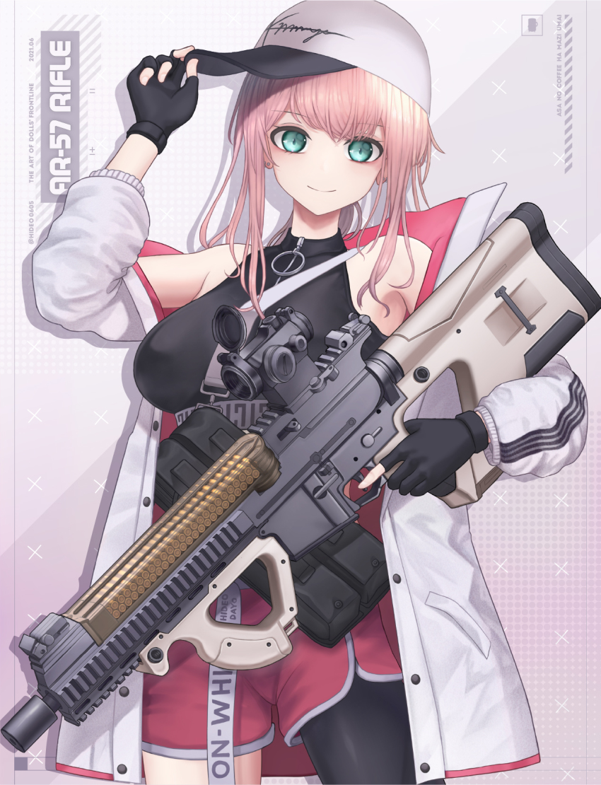 1girl aqua_eyes ar-57 ar-57_(girls&#039;_frontline) armor-piercing_ammunition assault_rifle black_gloves black_shirt breasts carbine character_name closed_mouth feet_out_of_frame fingerless_gloves fn_5.7x28mm girls&#039;_frontline gloves gun hand_on_headwear handgun_cartridge hideo0605 highres holding holding_gun holding_weapon horizontal_magazine jacket long_hair looking_at_viewer medium_breasts open_clothes open_jacket pdw_cartridge personal_defense_weapon pink_hair pink_shorts pistol-caliber_carbine pistol_cartridge rifle see-through_clothes shirt shorts simple_background single_thighhigh smile solo standing submachine_gun supersonic_ammunition thighhighs translucent weapon white_headwear white_jacket