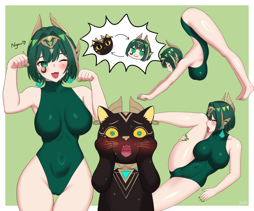 1nilla&#039; alternate_costume black_cat blush body_switch breasts cat genshin_impact green_background green_eyes green_hair green_one-piece_swimsuit hair_between_eyes highres mark_under_eye mole mole_under_eye nail_polish nefer_(genshin_impact) one-piece_swimsuit paw_pose personality_switch short_hair simple_background swimsuit thighs two-tone_background