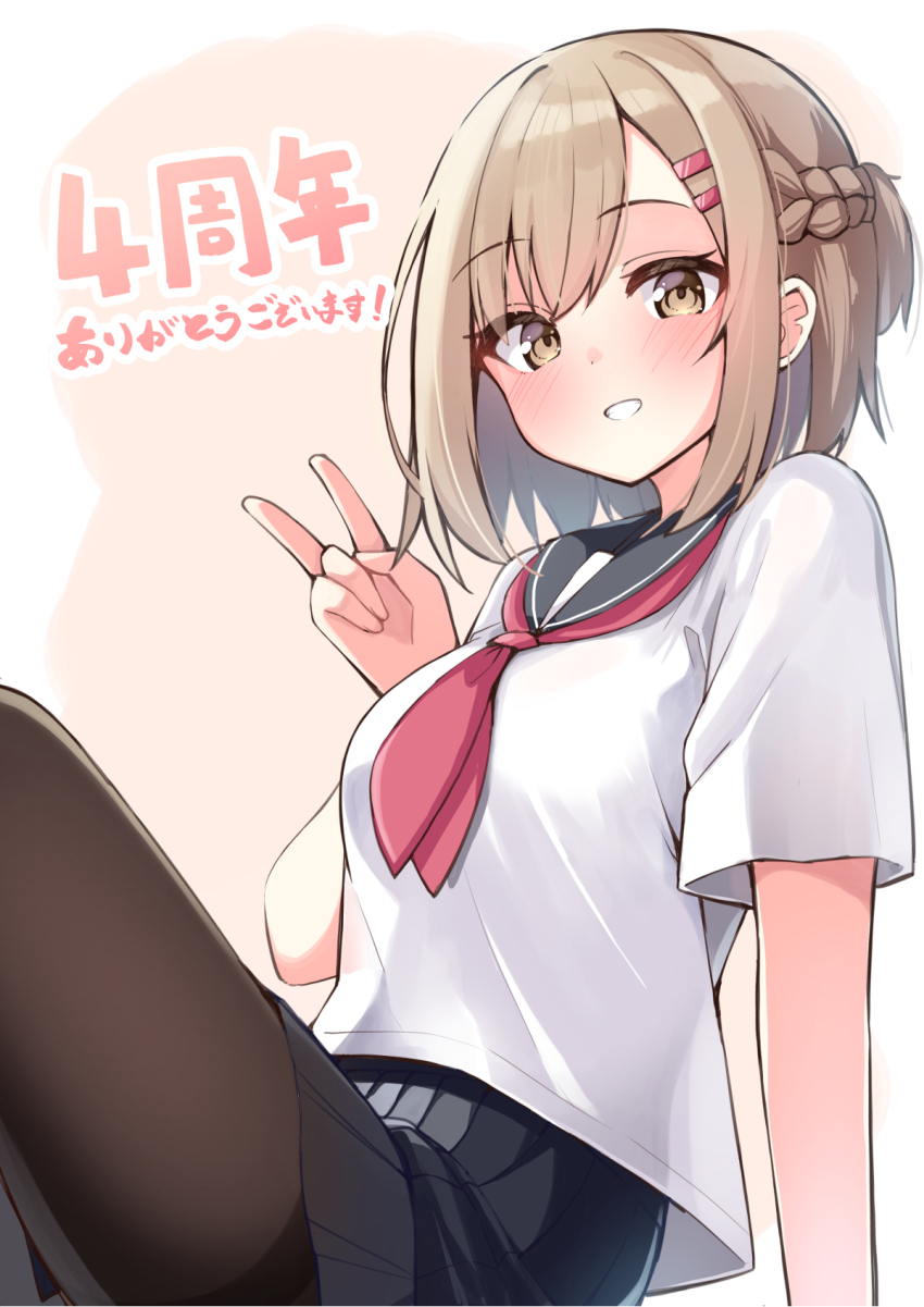 1girl black_sailor_collar black_skirt blush border braid breasts brown_eyes brown_hair brown_pantyhose childhood_friend_(ominaeshi) commentary_request grin hair_ornament hairclip hand_up highres looking_at_viewer medium_breasts neckerchief ominaeshi_(takenoko) original pantyhose pink_background pleated_skirt red_neckerchief sailor_collar school_uniform serafuku shirt short_sleeves skirt smile solo thighband_pantyhose translation_request v white_border white_shirt