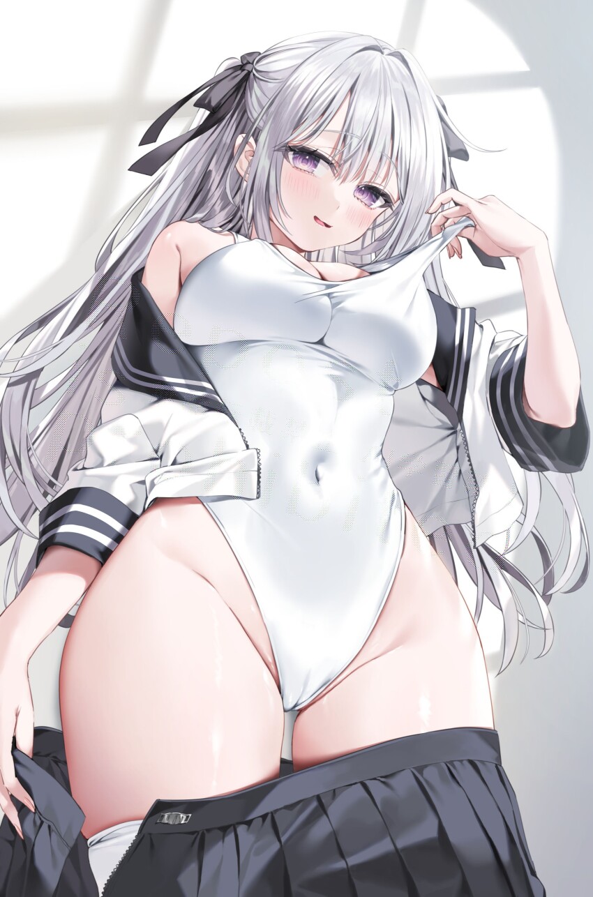 1girl absurdres black_sailor_collar black_skirt bow covered_navel grey_hair highres long_hair long_sleeves looking_at_viewer one-piece_swimsuit open_clothes open_shirt original parted_lips purple_eyes sailor_collar school_swimsuit school_uniform shirt skirt smile swimsuit thighhighs white_one-piece_swimsuit white_shirt white_thighhighs yana_mori
