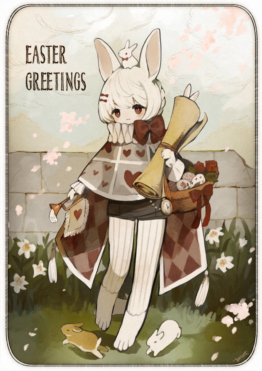 1girl :3 absurdres animal animal_ears animal_on_head barefoot basket blush bow braid bright_pupils broken_wall checkered_clothes closed_mouth clothing_request cloud commentary daffodil easter easter_egg egg elbow_carry english_commentary falling_petals flower french_braid frilled_sleeves frills grass grey_shorts hair_bow heart highres holding holding_basket holding_instrument holding_scroll horn_(instrument) instrument light_blush long_sleeves looking_at_viewer mountain neck_ruff on_grass on_head original outdoors petals picnic_basket rabbit rabbit_ears rabbit_girl red_bow red_eyes red_flower red_rose rose sakutake_(ue3sayu) scroll short_hair short_shorts shorts solo standing standing_on_one_leg stone_wall stopwatch striped_leggings vertical-striped_leggings wall watch white_hair white_pupils