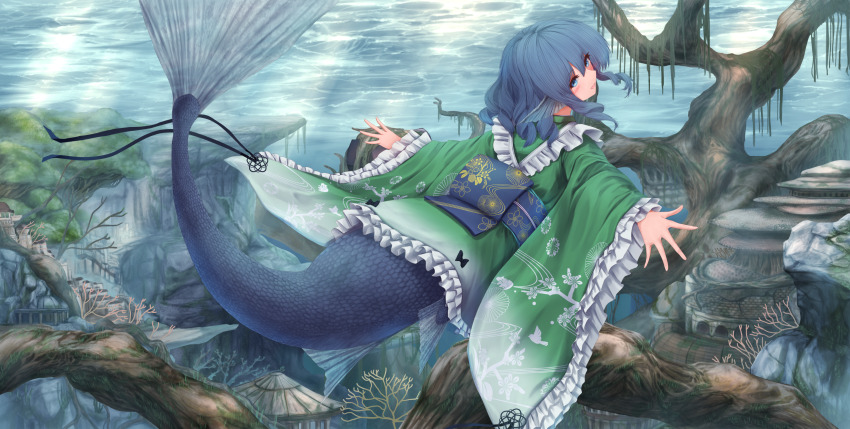 1girl black_bow blue_eyes blue_hair blush bow branch coral drill_hair fins frilled_kimono frilled_sleeves frills from_behind full_body green_kimono head_fins highres japanese_clothes kimono long_sleeves looking_at_viewer mermaid monster_girl obi outstretched_arms print_kimono sash short_hair solo teruteru12 touhou underwater wakasagihime wide_sleeves