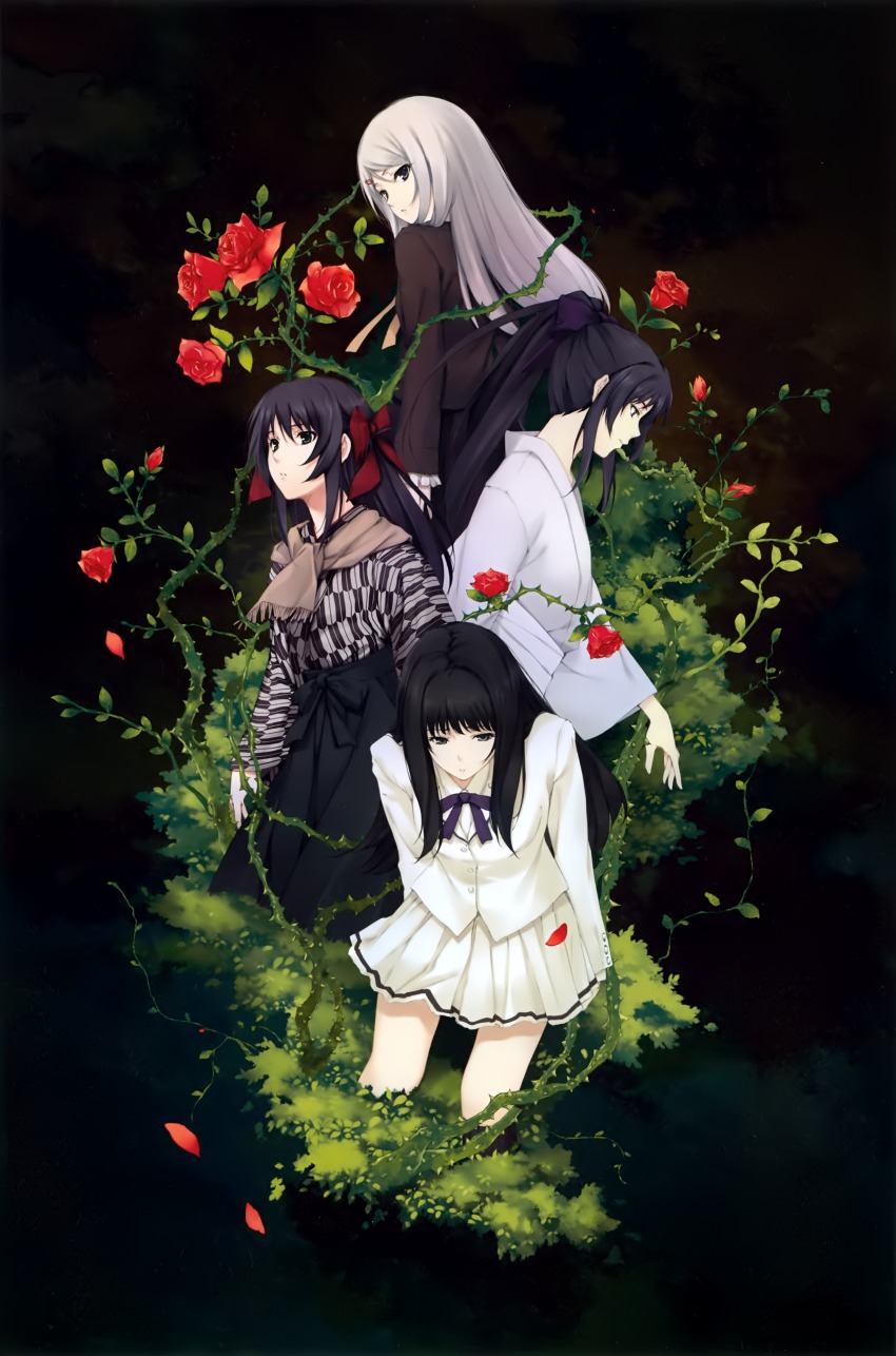 4girls absurdres black_hair cartagra flower hakama hakama_skirt highres japanese_clothes kara_no_shoujo kimono kouzuki_kazuna kouzuki_yura kuchiki_touko meiji_schoolgirl_uniform mikanagi_kuon multiple_girls petals plant ponytail pp:_pianissimo red_flower red_rose rose school_uniform siblings silver_hair sisters skirt sugina_miki thorns twins vines yagasuri
