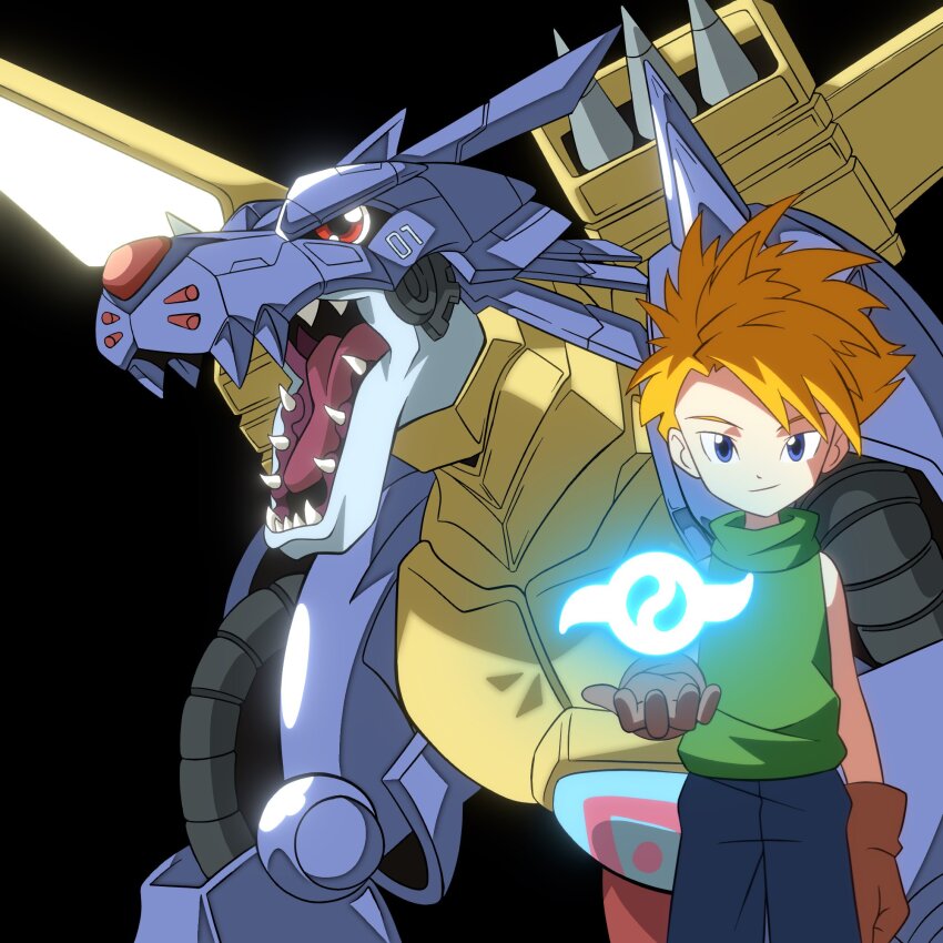 crests_(digimon) cyborg digimon digimon_(creature) digimon_adventure highres ishida_yamato metalgarurumon officialseraphimon wolf