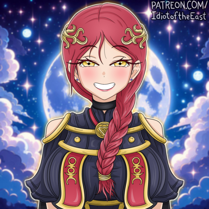 1girl alternate_hairstyle breasts clothing_cutout cloud commentary earrings elden_ring english_commentary full_moon grin hair_over_shoulder idiot_of_the_east jewelry large_breasts long_braid lunar_princess_ranni moon night night_sky red_hair shoulder_cutout sky smile solo star_(sky) starry_sky stud_earrings upper_body yellow_eyes